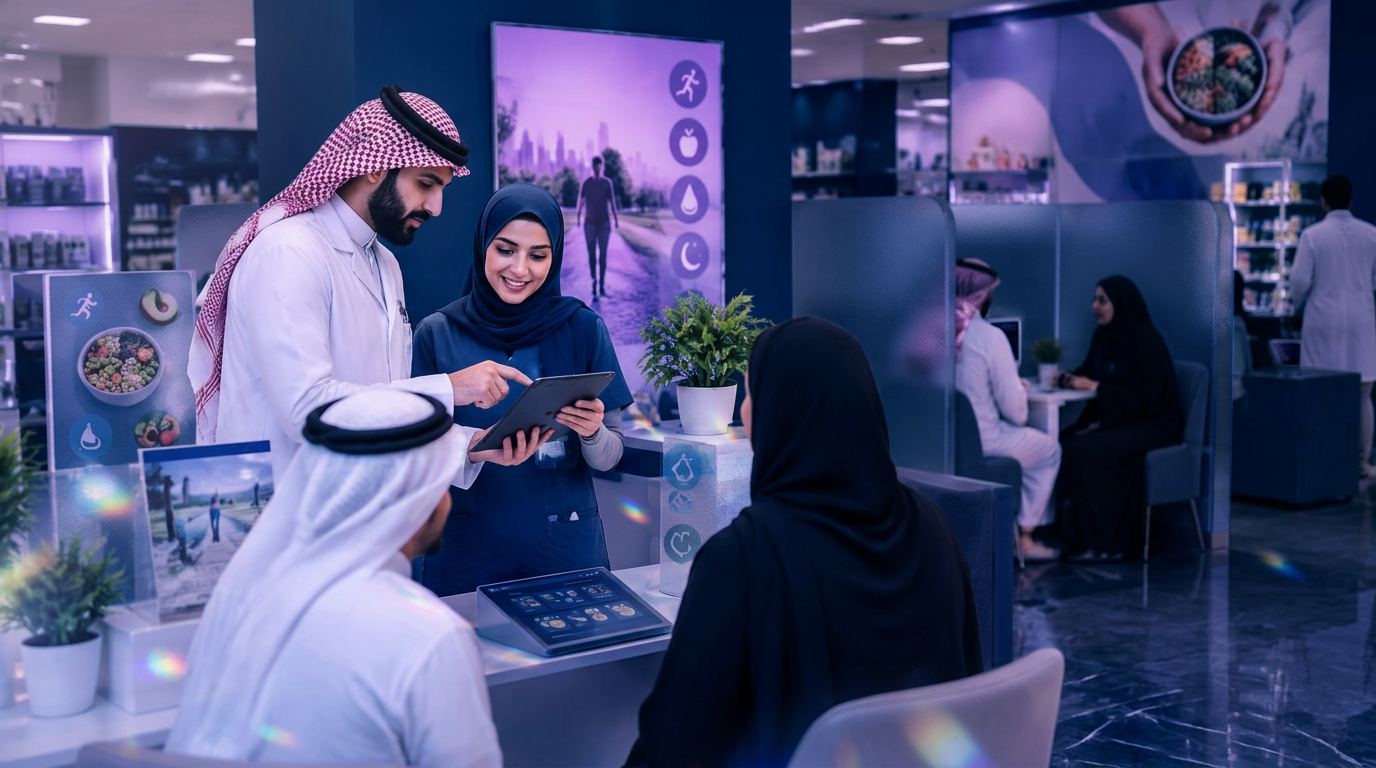 Saudi pharmacist and nurse guiding adults through a private metabolic health activation