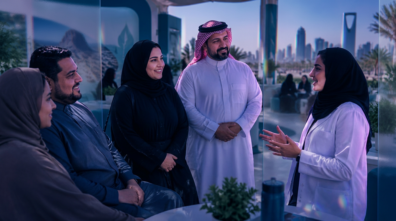 Saudi adults speaking with a female health educator at an obesity awareness pavilion in Riyadh