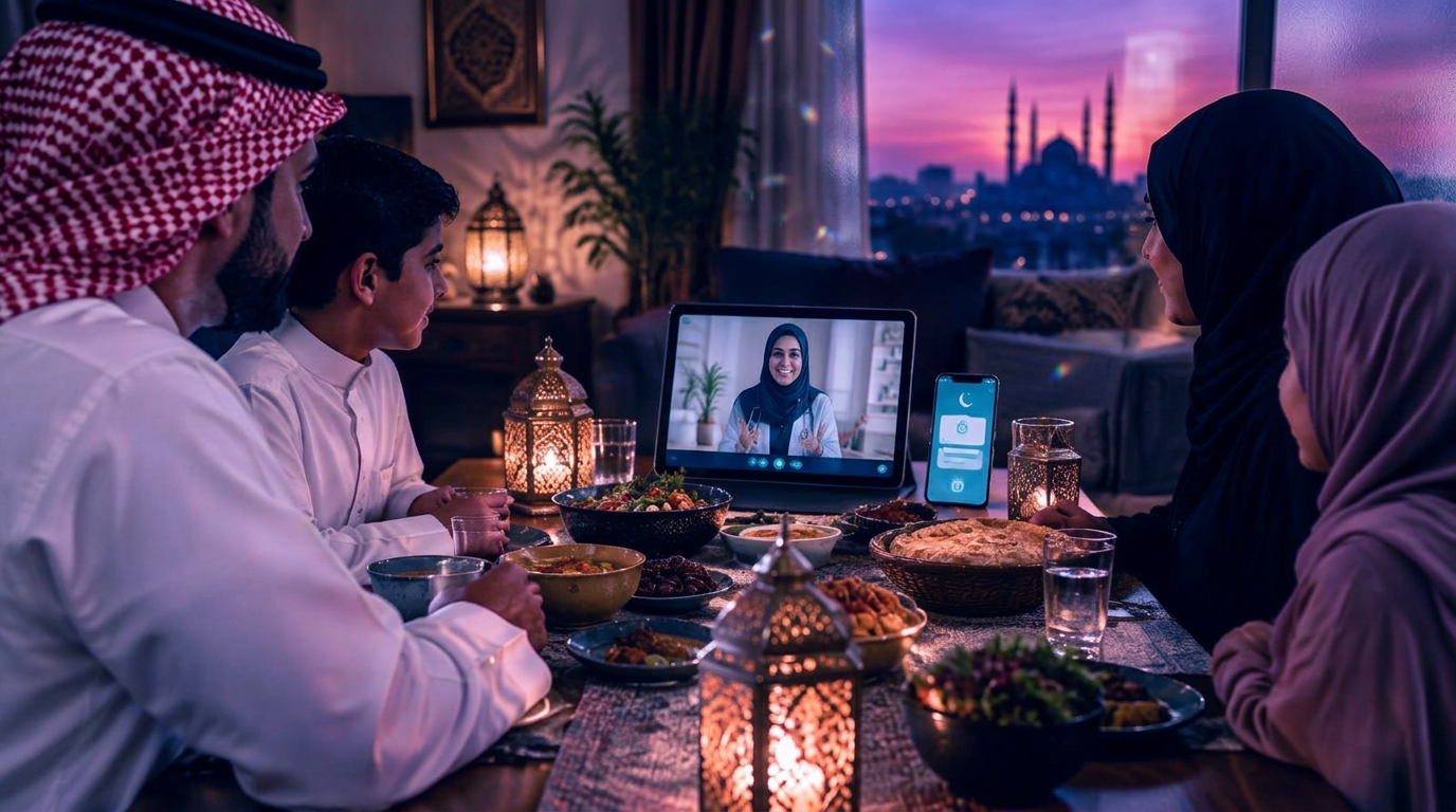 Saudi family joining a Ramadan health education call at the iftar table