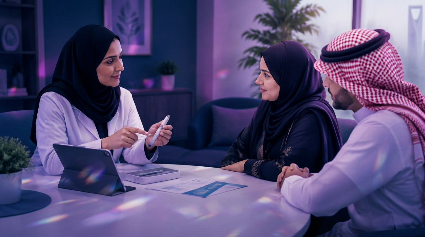 Saudi nurse educator supporting a patient and caregiver during injectable therapy onboarding