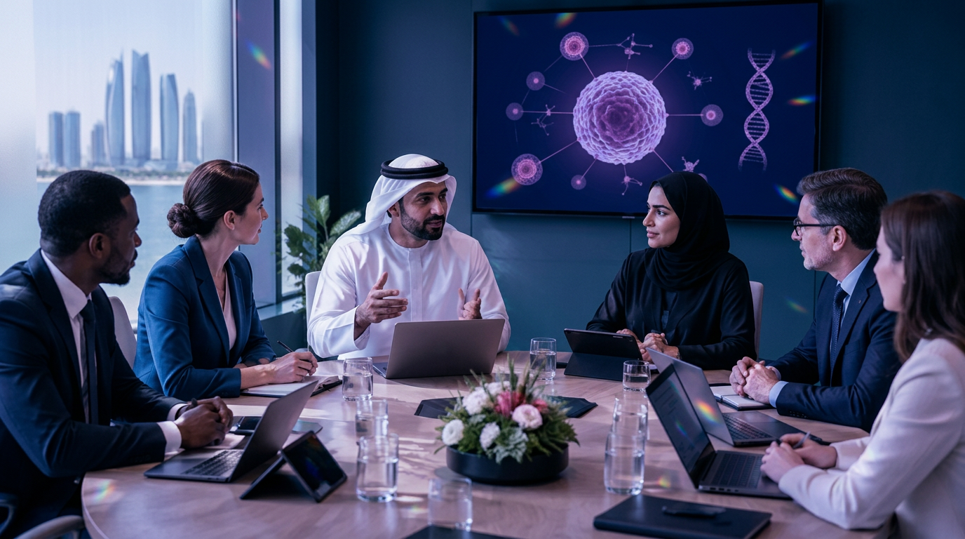 Illustrative scientific roundtable with Gulf healthcare professionals discussing evidence around a conference table