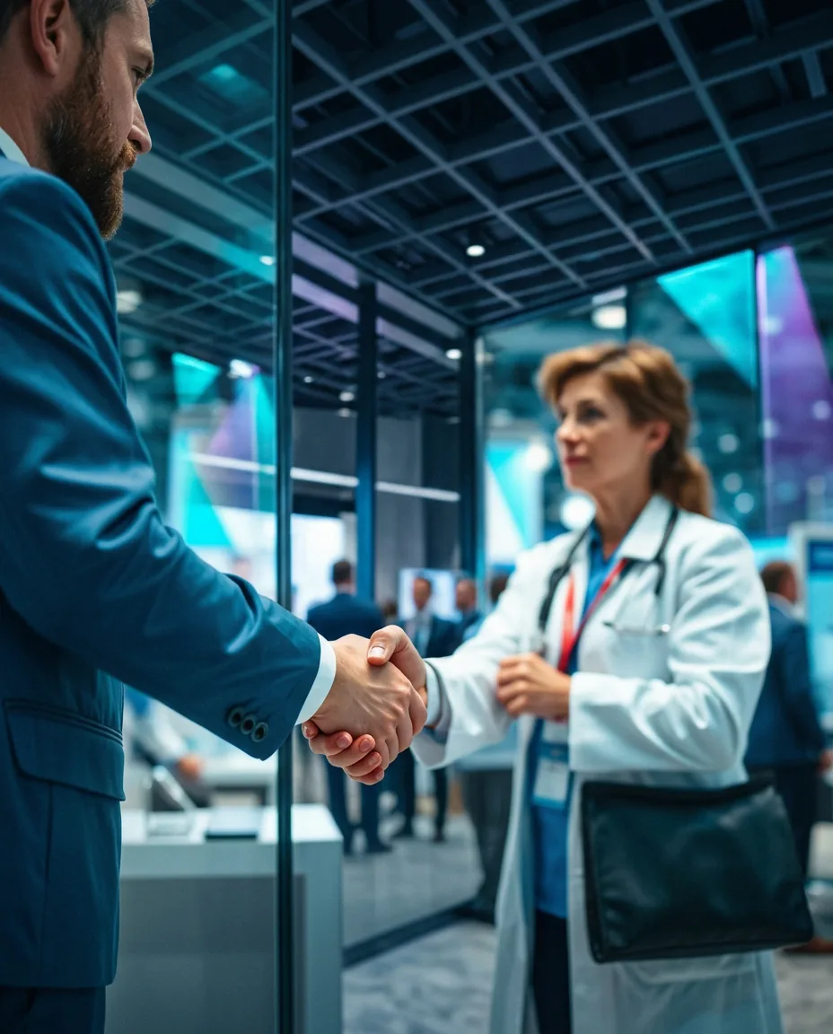 Healthcare professional engaging with pharma representative at a congress booth