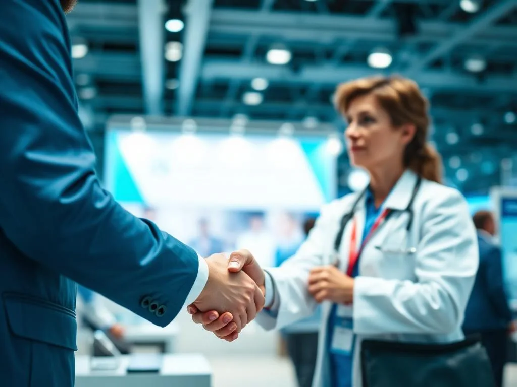 Healthcare professional engaging with pharma representative at a congress booth